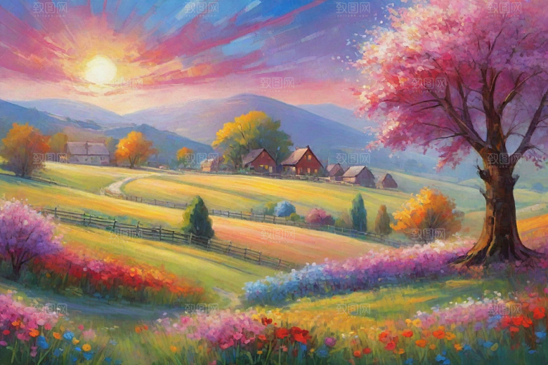 欢快奔跑夕阳山野插画