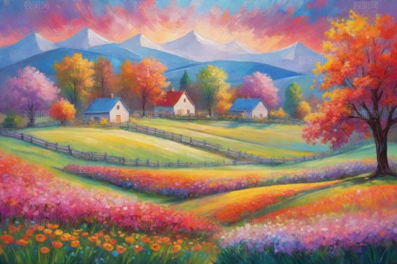 欢快奔跑夕阳山野插画