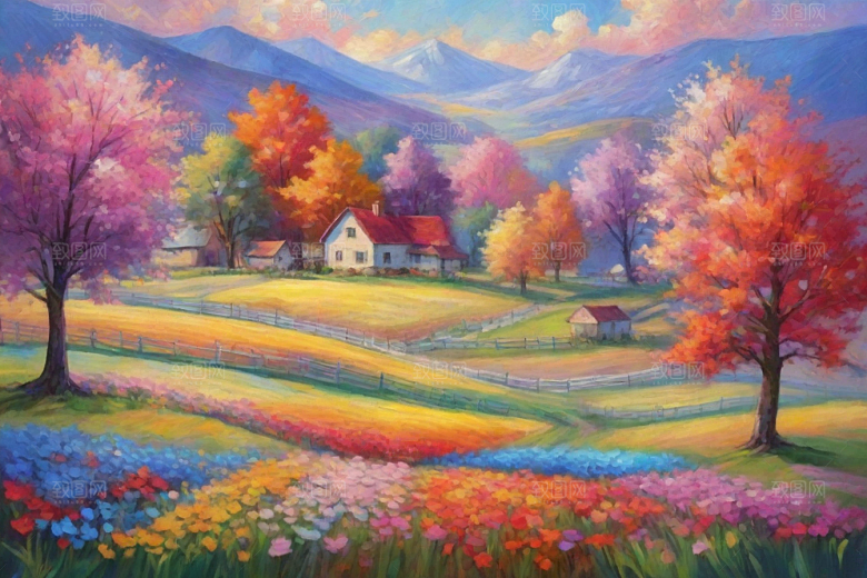欢快奔跑夕阳山野插画