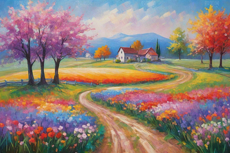 欢快奔跑夕阳山野插画