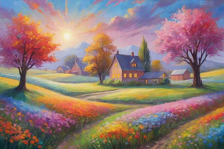 欢快奔跑夕阳山野插画