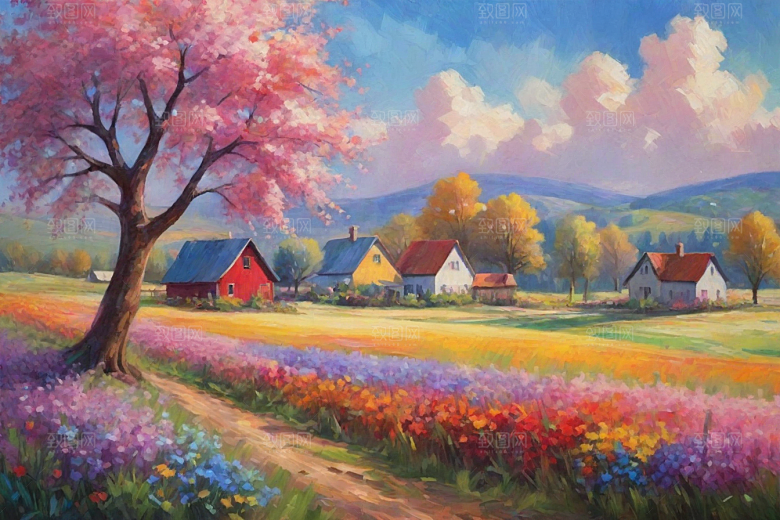 欢快奔跑夕阳山野插画
