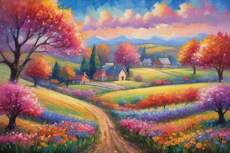 田园山野夕阳下的奔跑插画