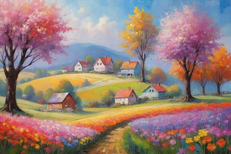 田园山野夕阳下的奔跑插画