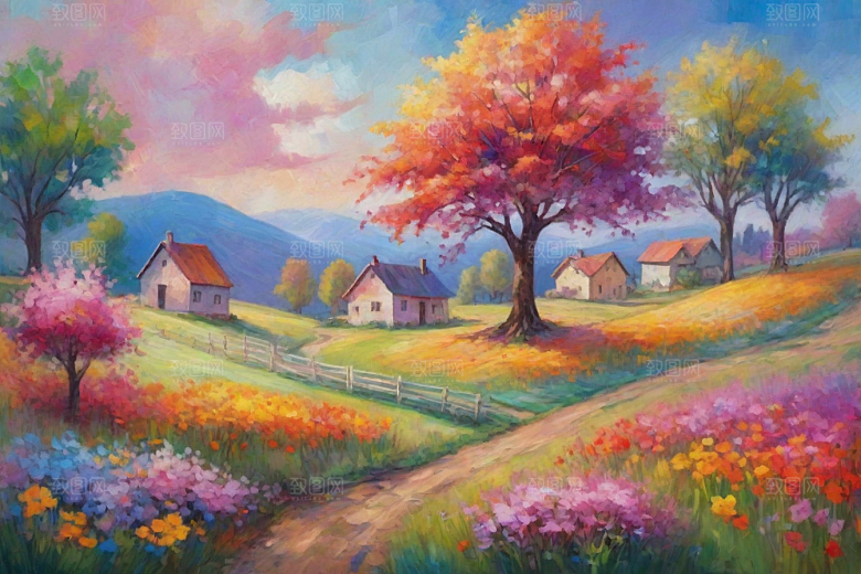 田园山野夕阳下的奔跑插画