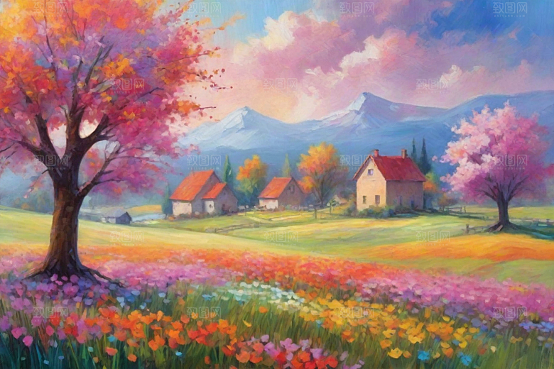 田园山野夕阳下的奔跑插画