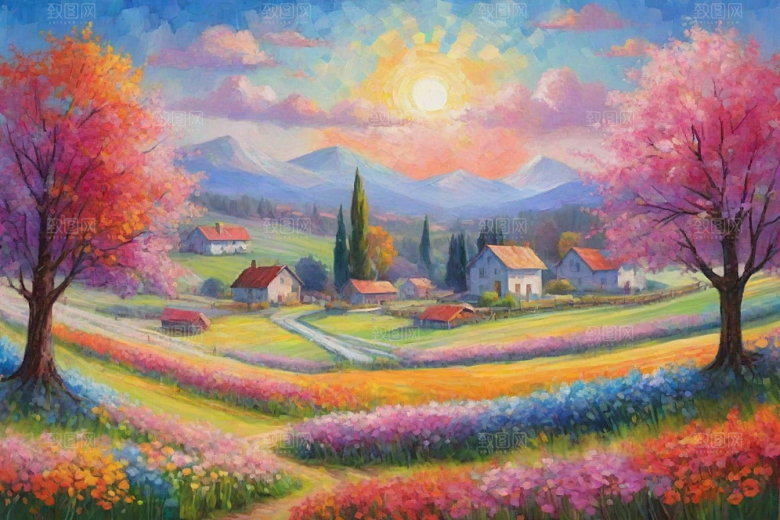 田园山野夕阳下的奔跑插画