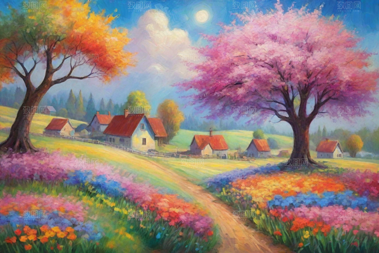 田园山野夕阳下的奔跑插画