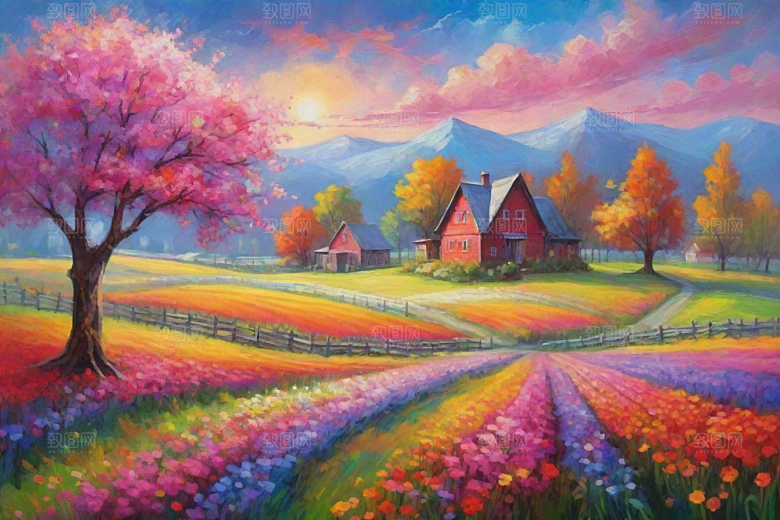 田园山野夕阳下的奔跑插画