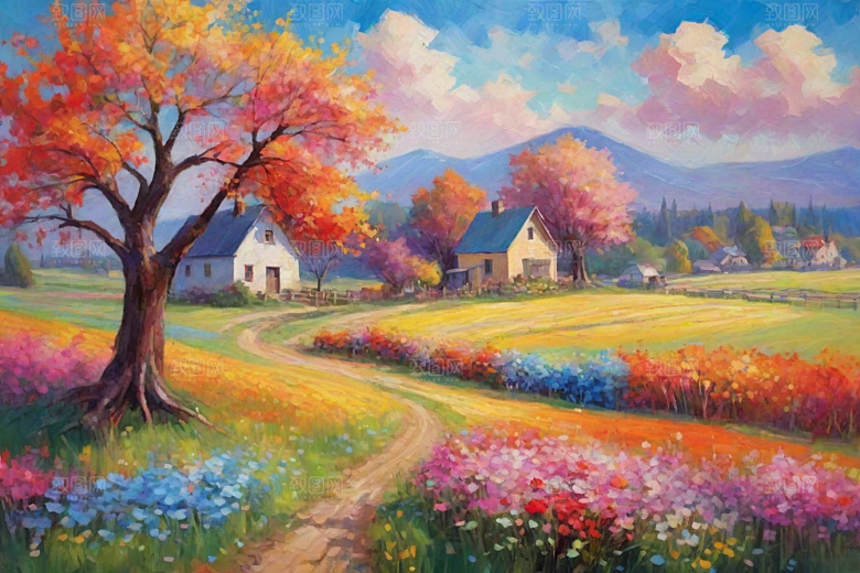 田园山野夕阳下的奔跑插画