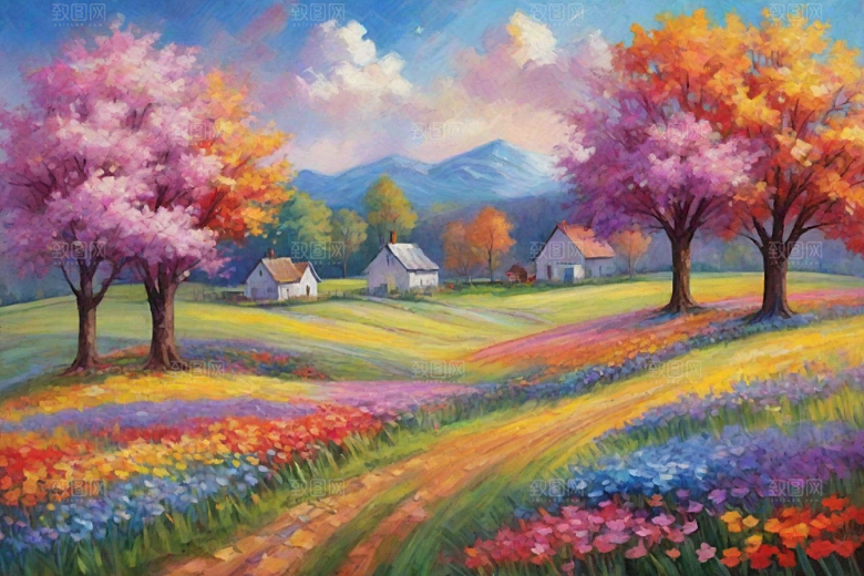 田园山野夕阳下的奔跑插画