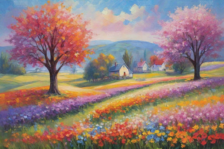 田园山野夕阳下的奔跑插画