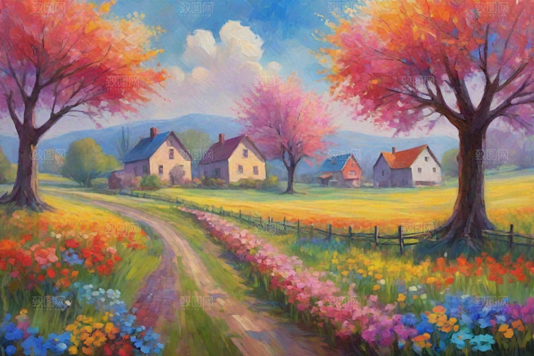 田园山野夕阳下的奔跑插画