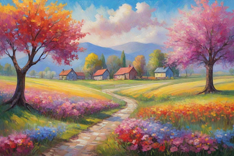 田园山野夕阳下的奔跑插画