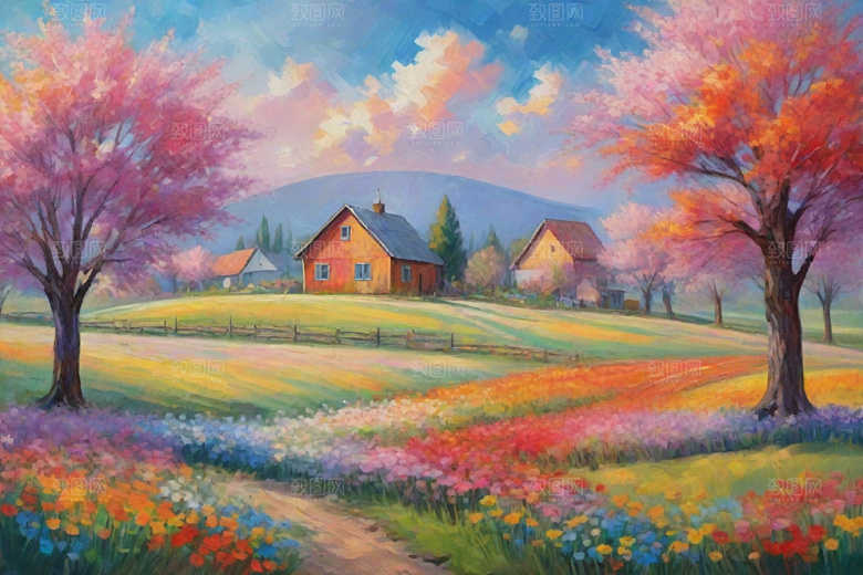 夕阳下奔跑田野山景插画
