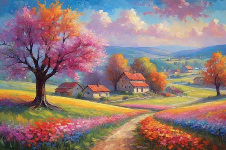 夕阳下奔跑田野山景插画