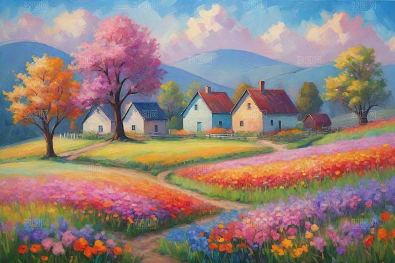 夕阳下奔跑田野山景插画