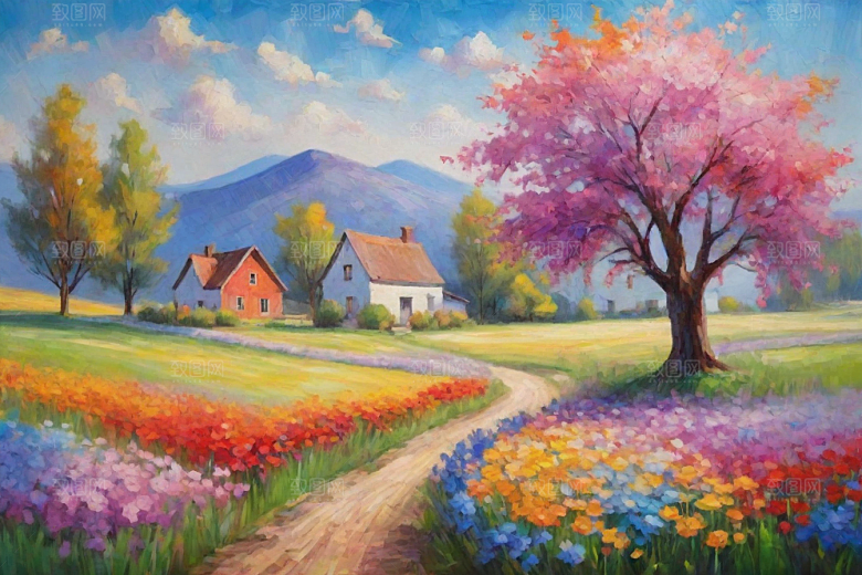 夕阳下奔跑田野山景插画