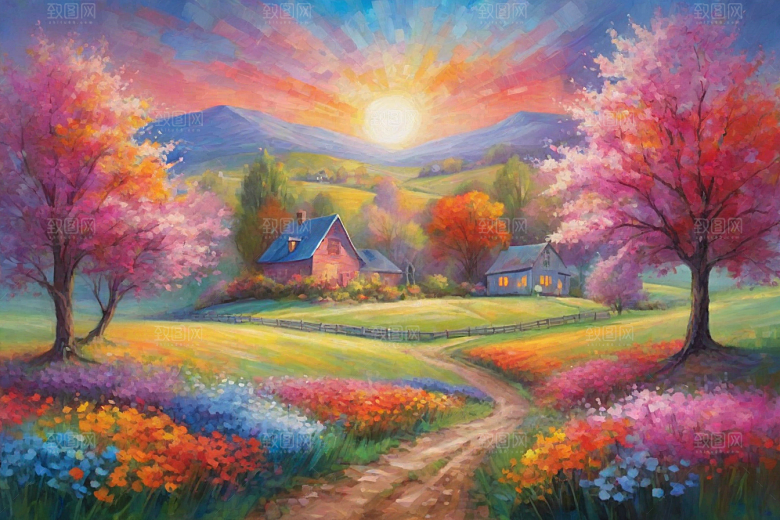 夕阳下奔跑田野山景插画