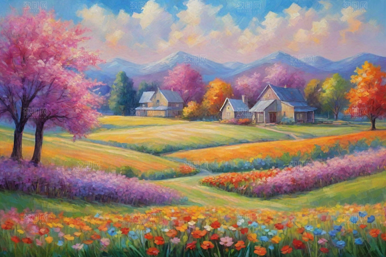 夕阳下奔跑田野山景插画