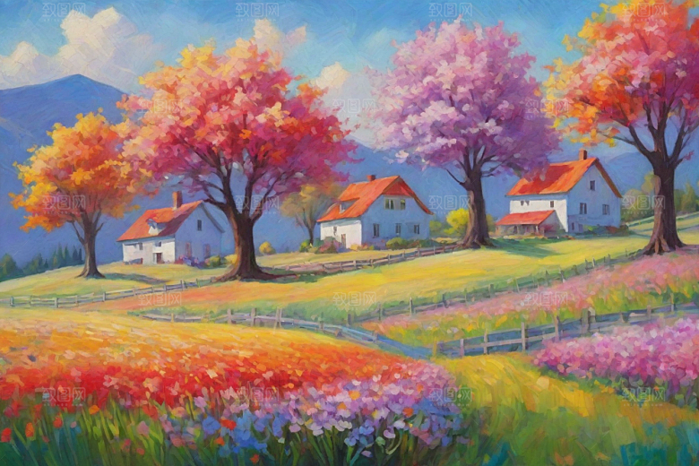 夕阳下奔跑田野山景插画