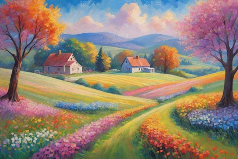 夕阳下奔跑田野山景插画