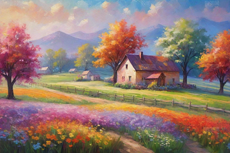 夕阳下奔跑田野山景插画