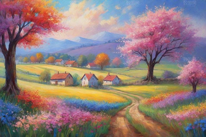 夕阳下奔跑田野山景插画