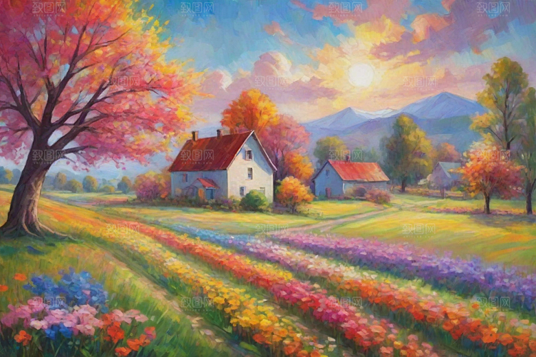 奔跑在山野间的夕阳插画