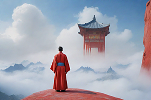 男子站立红色建筑旁流云飘动宋代工笔山