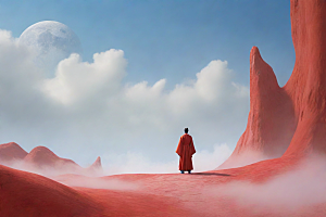 男子站立红色建筑旁流云飘动宋代工笔山