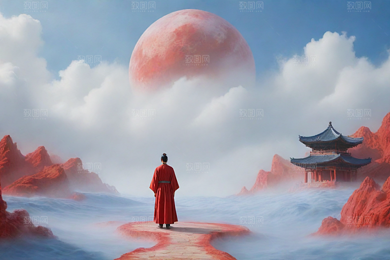 男子站立红色建筑旁流云飘动宋代工笔山