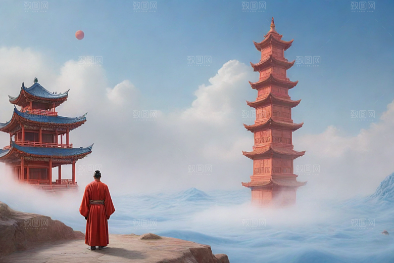 男子站立红色建筑旁流云飘动宋代工笔山