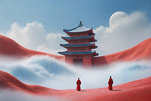 巨红色建筑与流云宋代工笔山水画