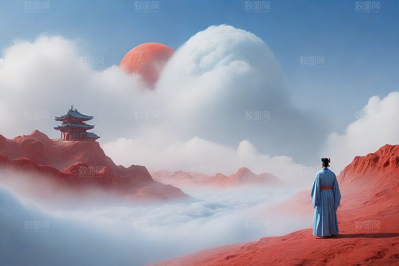 巨红色建筑与流云宋代工笔山水画