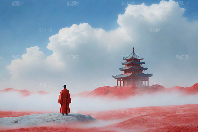 巨红色建筑与流云宋代工笔山水画