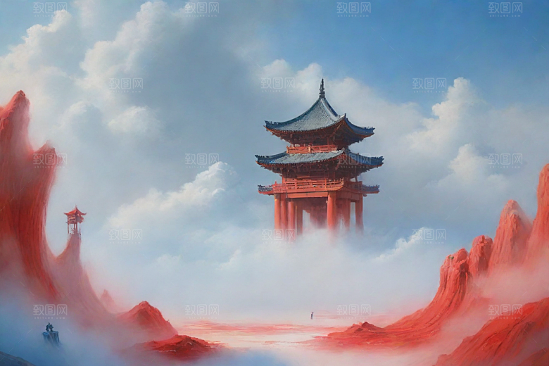 巨红色建筑与流云宋代工笔山水画