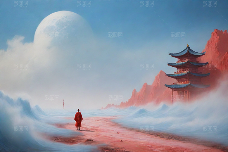 巨红色建筑与流云宋代工笔山水画
