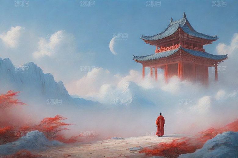 巨红色建筑与流云宋代工笔山水画