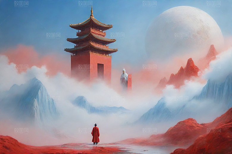 巨红色建筑与流云宋代工笔山水画