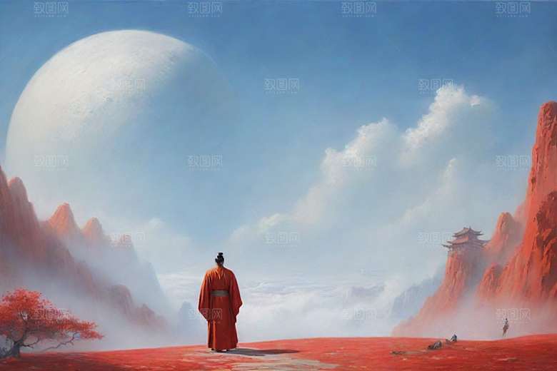 巨红色建筑与流云宋代工笔山水画