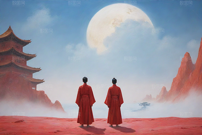 巨红色建筑与流云宋代工笔山水画
