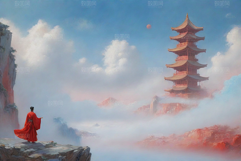 巨红色建筑与流云宋代工笔山水画
