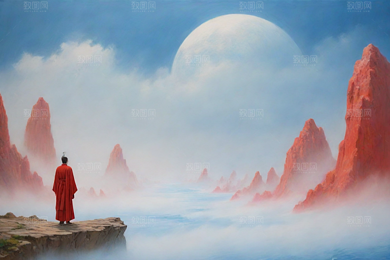 巨红色建筑与流云宋代工笔山水画