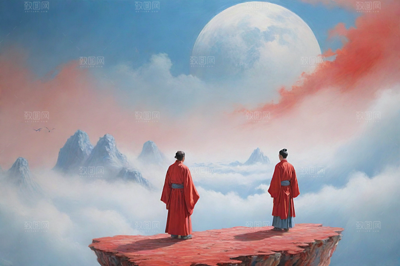 巨红色建筑与流云宋代工笔山水画