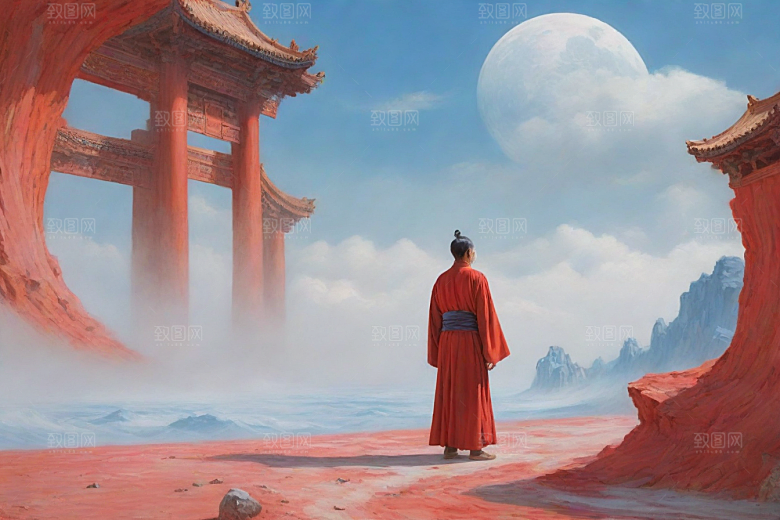 巨红色建筑与流云宋代工笔山水画