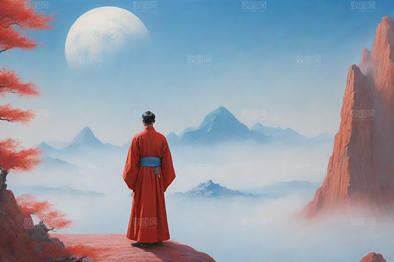 巨红色建筑与流云宋代工笔山水画