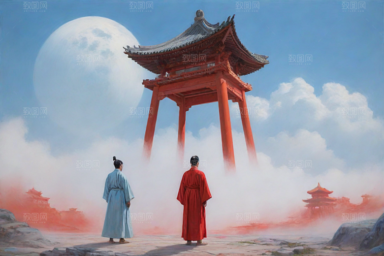 巨红色建筑与流云宋代工笔山水画