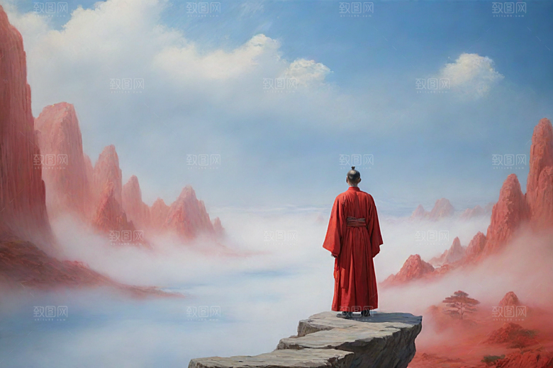 男子与红色建筑在流云中宋代工笔山水画