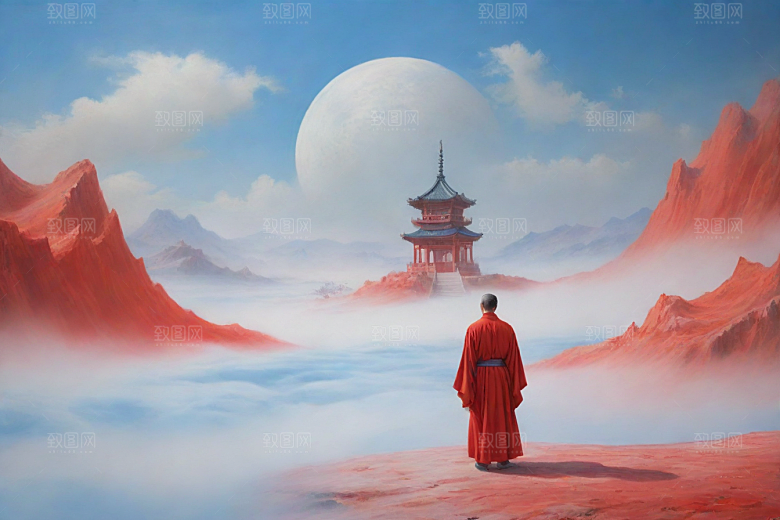 男子与红色建筑在流云中宋代工笔山水画